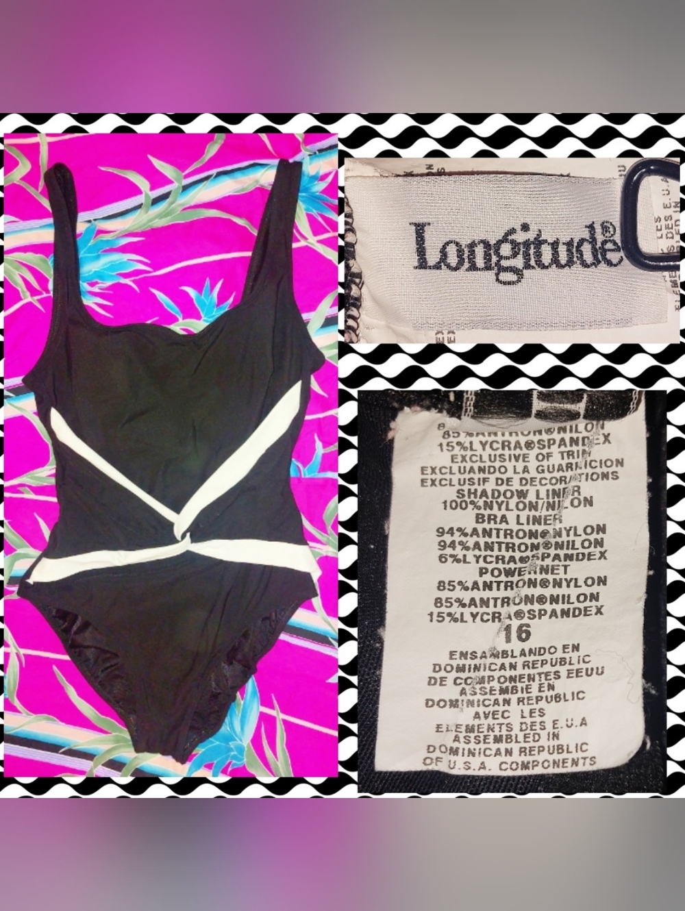 Longitude brand Black w/White Striped Twist Detail Soft Knit 1Pc Swimsuit Sz 16